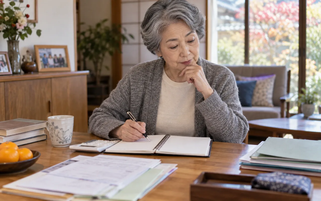 シニアの女性が仕事と年金の確認項目を整理する様子