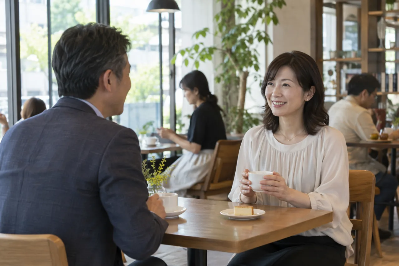 マッチングアプリで知り合った相手と昼間のカフェで会う日本人男女
