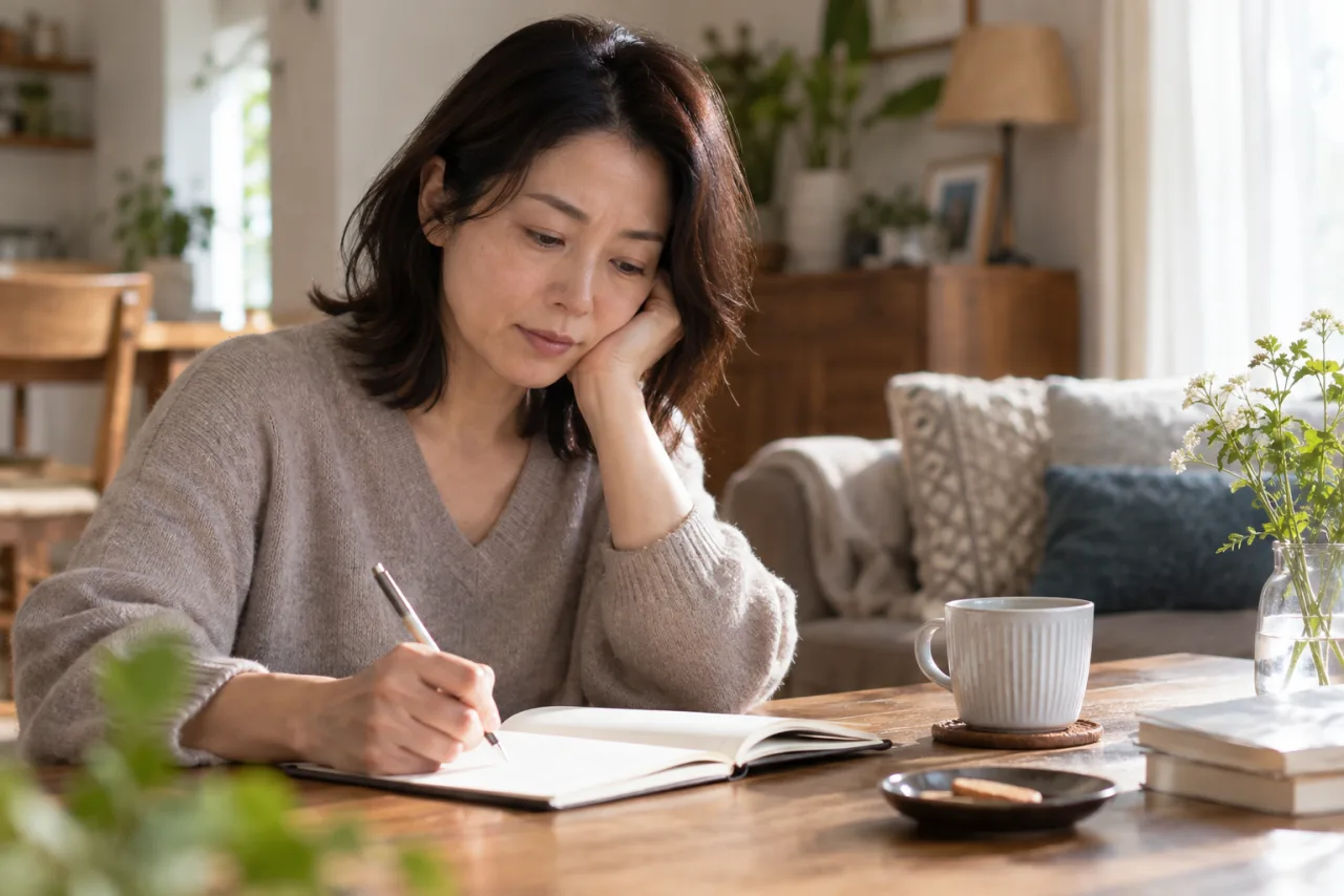 人間関係に疲れた40代の女性が出来事と気持ちをノートに整理する様子