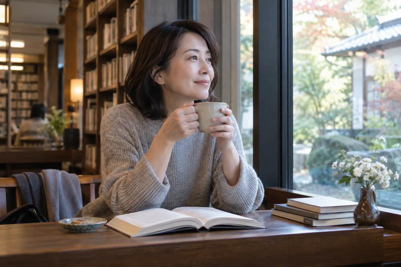 人間関係に疲れた女性が一人の時間を図書館で静かに過ごす様子