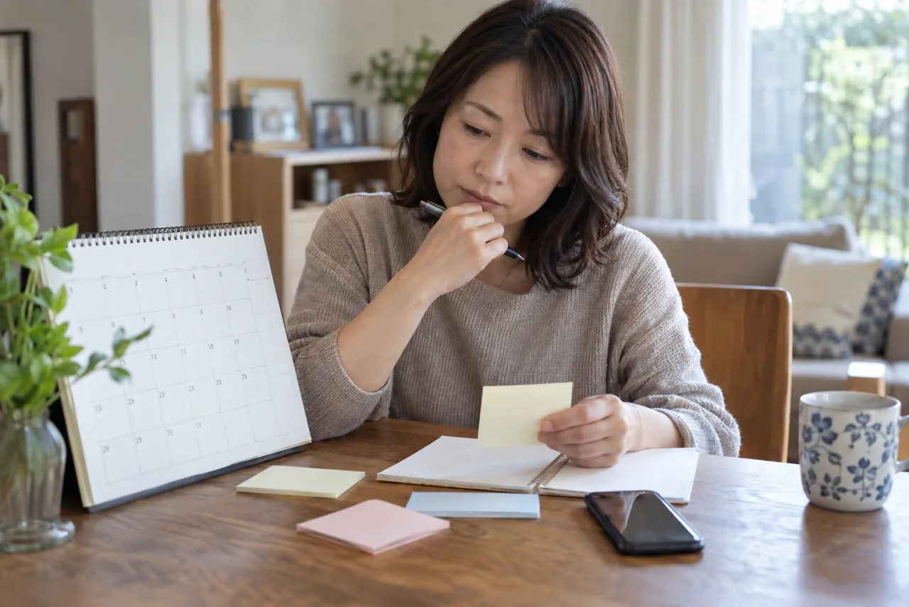 人間関係の連絡頻度と自分の予定をカレンダーに整理する女性