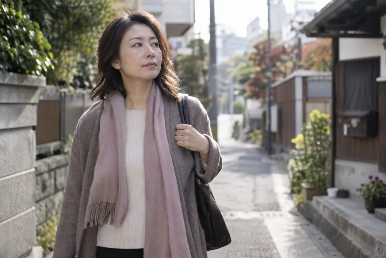人間関係の距離を見直しながら静かな道を歩く女性