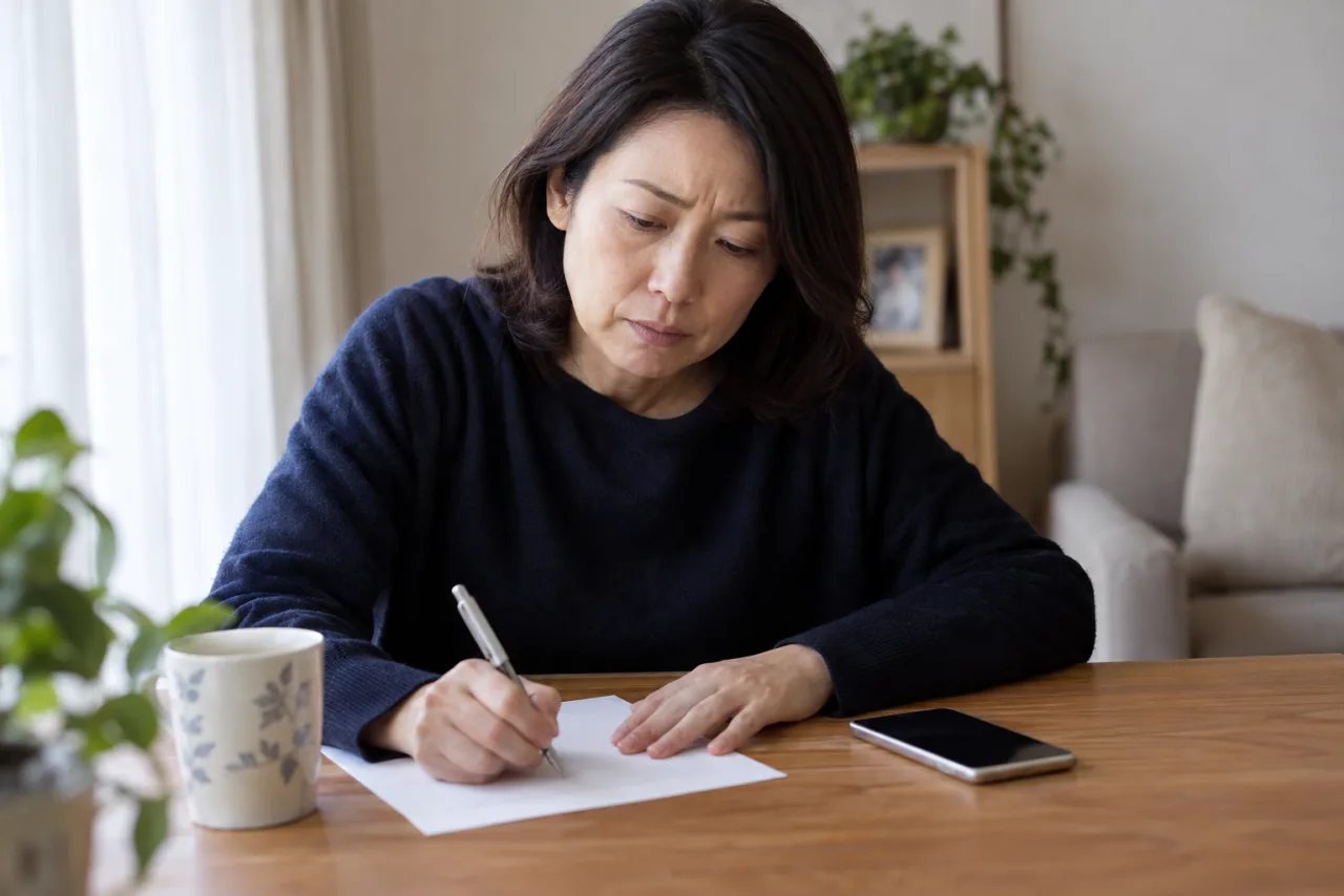 人間関係の相談先と記録を紙に整理する女性