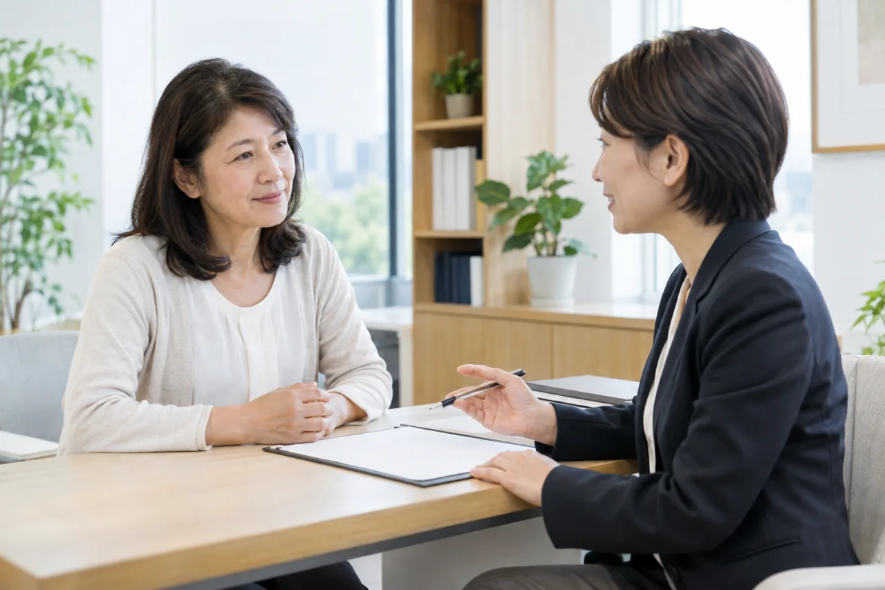 婚活サービスについて相談する50代の日本人女性と相談員