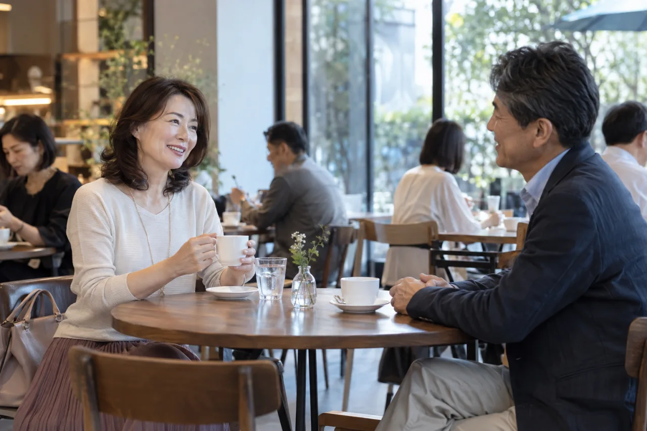 昼間のカフェで初対面の会話をする50代の日本人男女