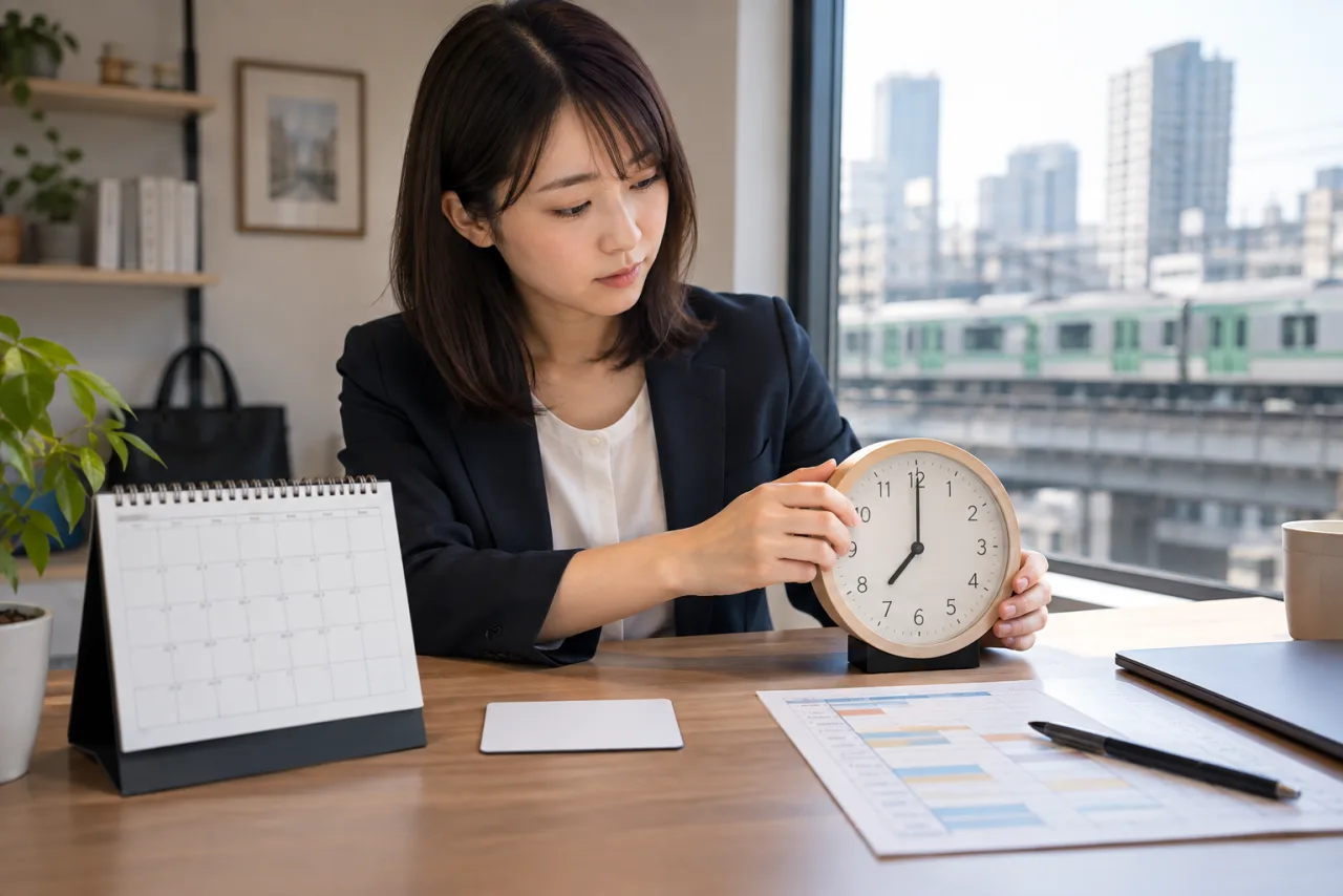 勤務時間と通勤時間をカレンダーで確認する日本人女性