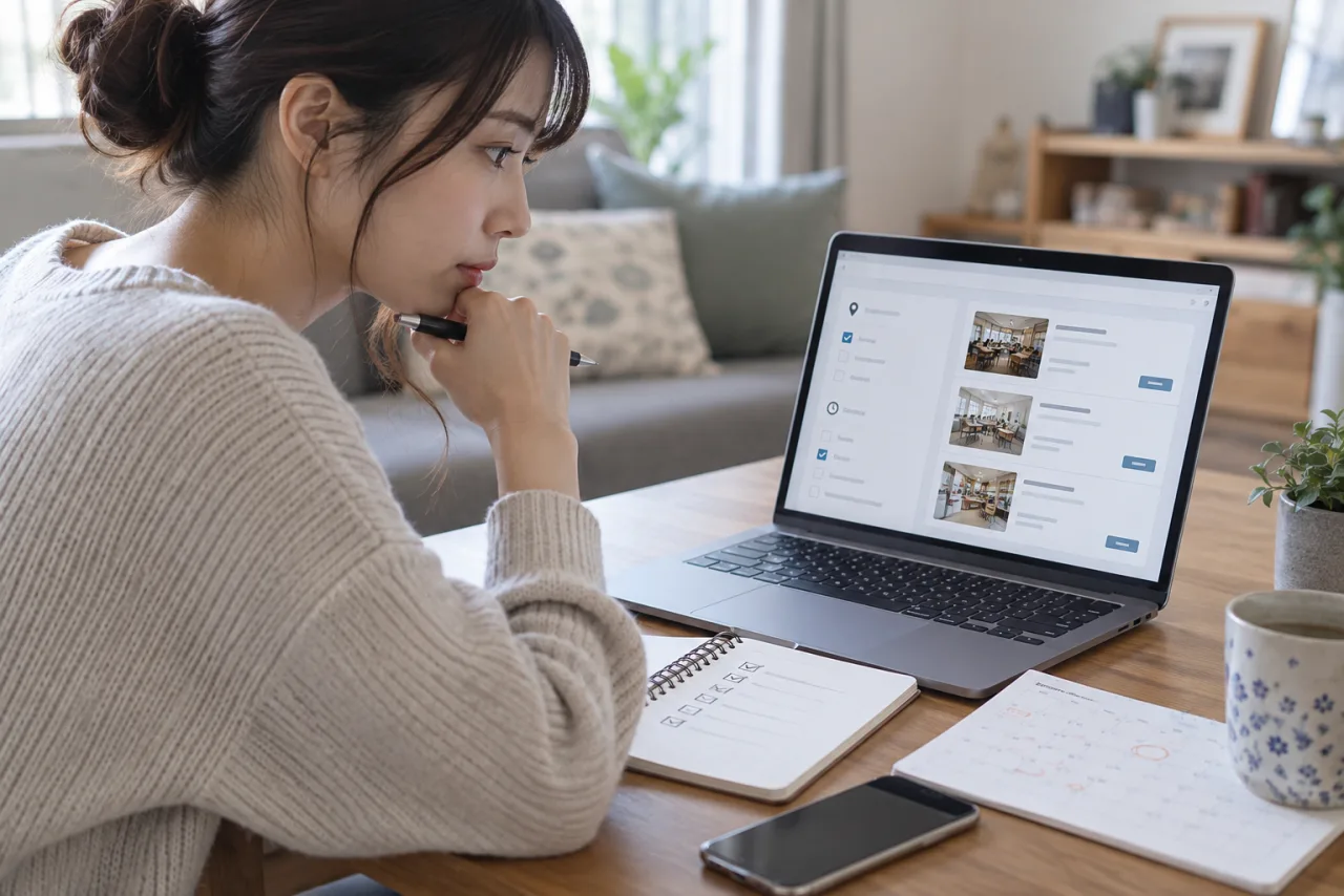 転職サイトの勤務地や勤務時間の検索条件を確認する女性