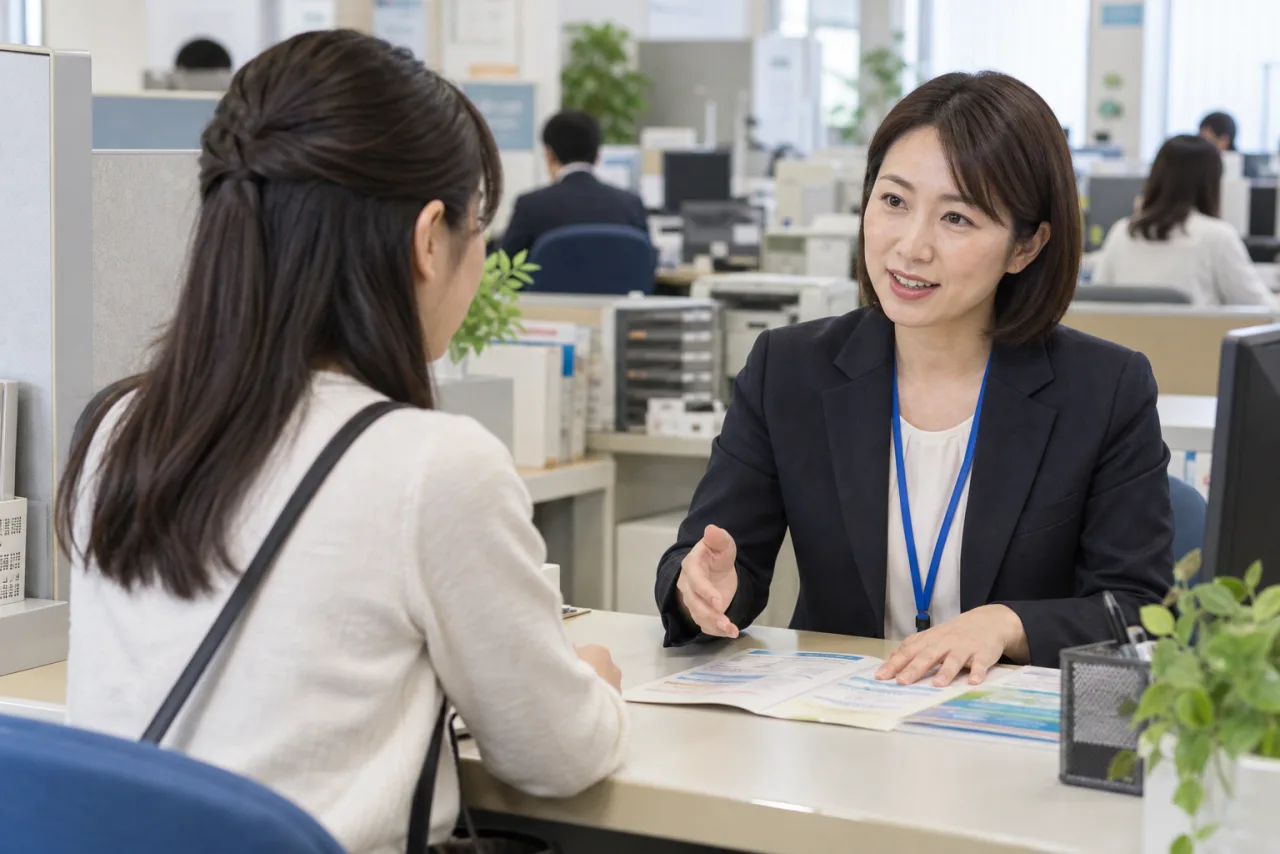ハローワークの窓口で仕事探しを相談する日本人女性