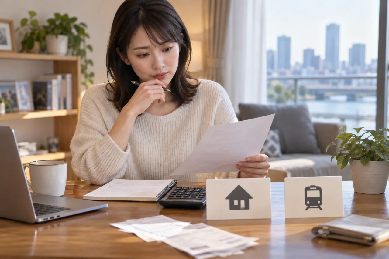 求人の給与と通勤時間を家計と一緒に比較する女性