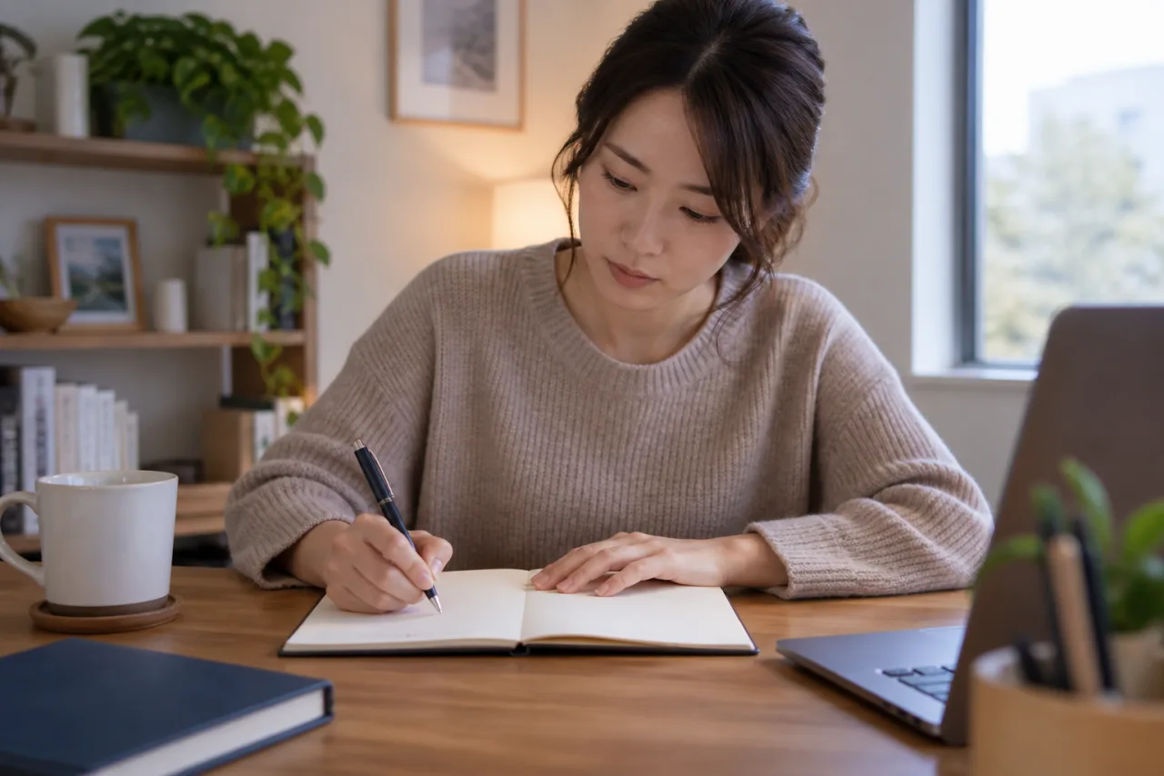 職場で起きたことと気持ちをノートに分けて書く女性