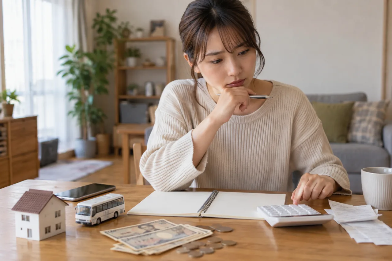 転職後の手取りと家賃や通勤費を計算する女性