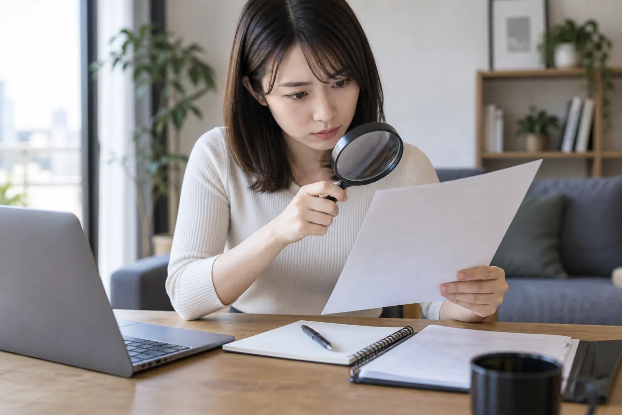 求人票の労働条件を虫眼鏡で確認する女性
