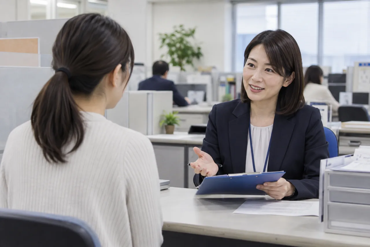 公的な窓口で転職の相談をする日本人女性