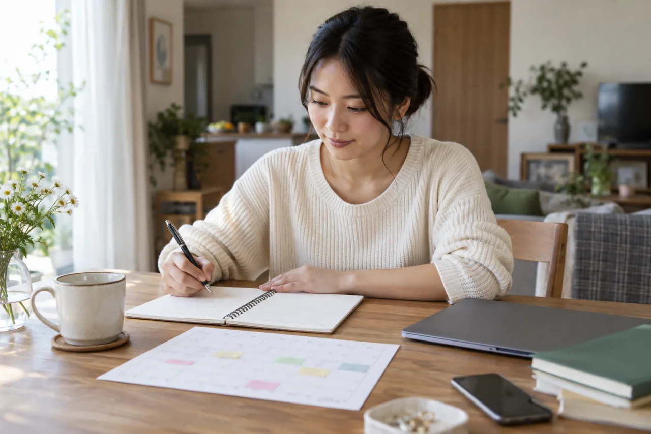 転職の一週間の行動計画をノートに書く日本人女性