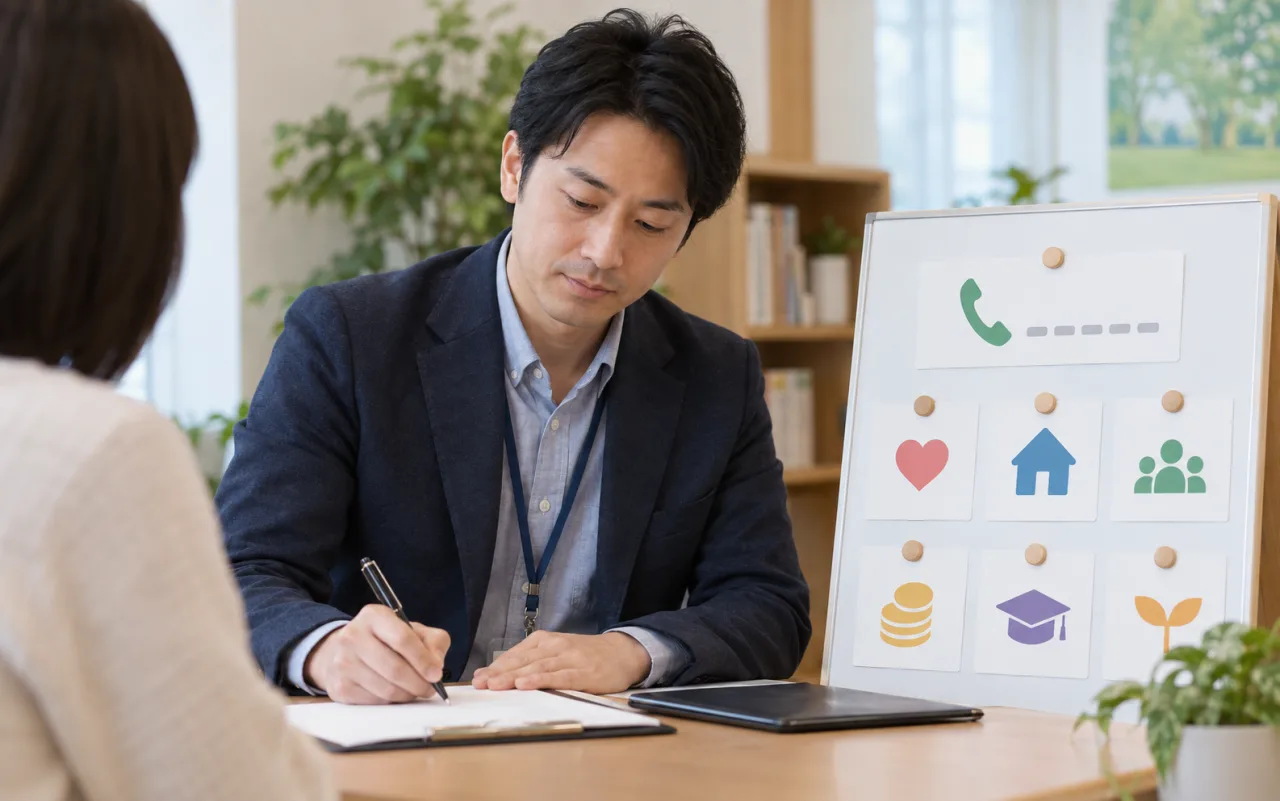 相談先の電話番号と困りごとをメモする日本人男性