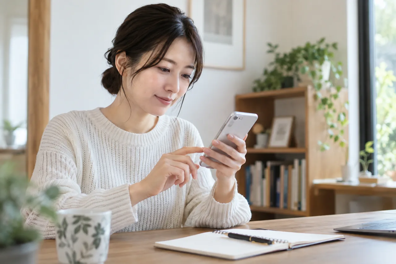 LINEの友達追加設定を確認する日本人女性