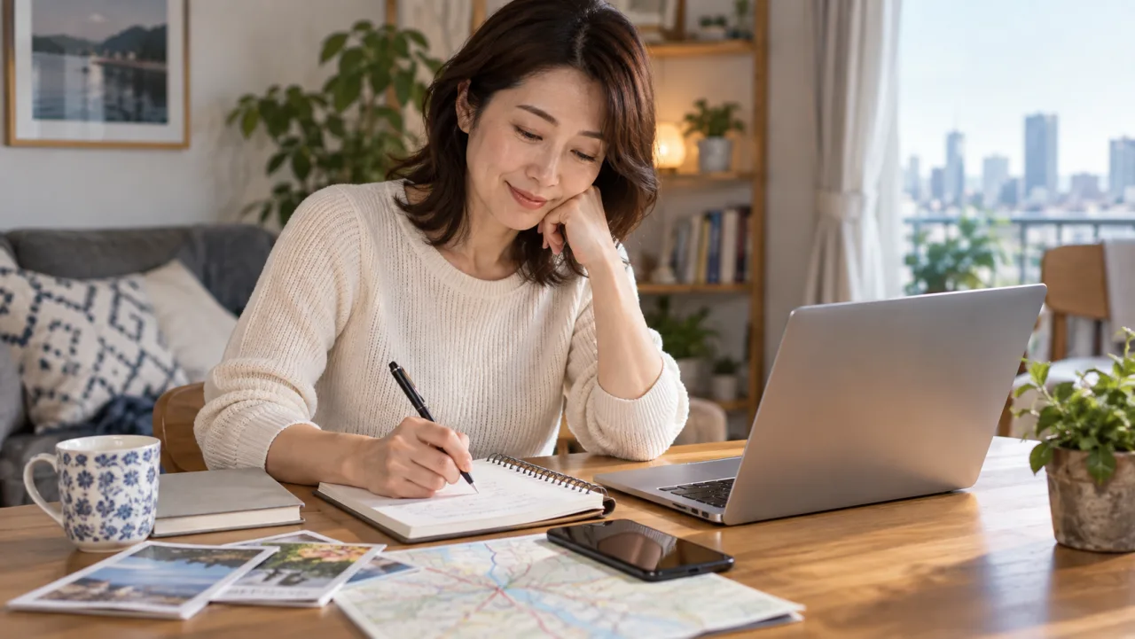 日本人女性がノートに転職で希望する条件と譲れない条件を書き出している様子