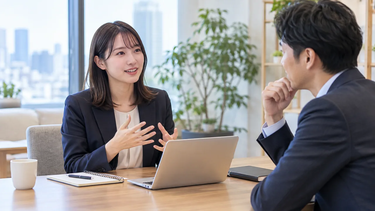 日本人女性がノートとノートパソコンで通勤や働き方や希望条件を整理している様子
