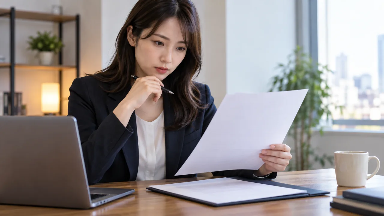 日本人女性が二つの求人票を虫眼鏡で比較し仕事内容や条件を確認している様子
