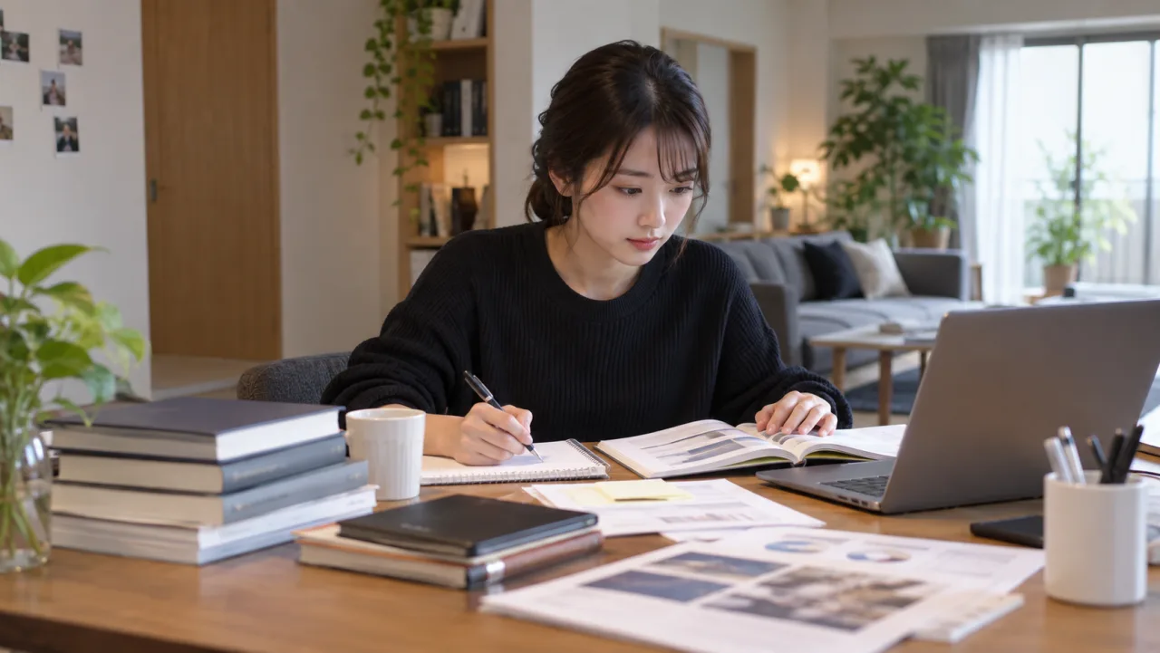 日本人女性が労働条件通知書の内容を丁寧に確認している様子