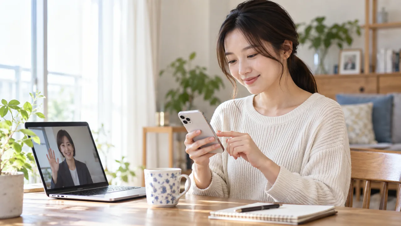 日本人女性が転職活動の応募状況と連絡方法をスマートフォンで確認している様子