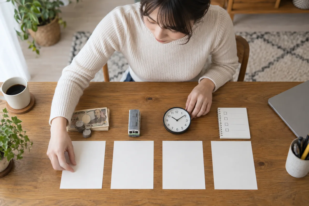若い女性が手取り通勤時間勤務時間と譲れない条件を表に書き出す様子