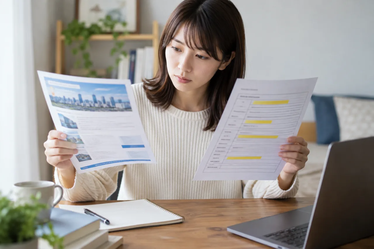 若い女性が求人票と労働条件の説明を並べて確認する様子