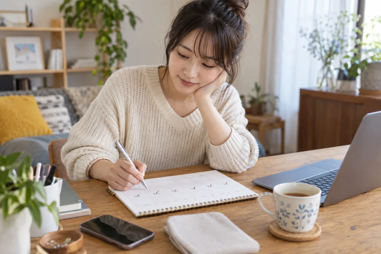 若い女性が一週間の転職活動と応募判断をチェックリストで見直す様子