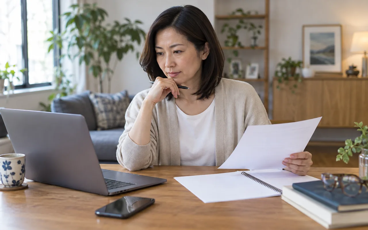 40代の女性が経験を活かせる仕事と学び直しの候補を比較する様子