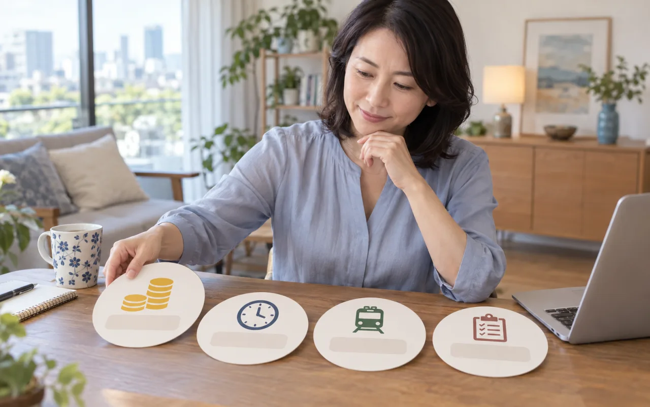 40代の女性が収入と勤務時間と仕事内容の3条件を整理する様子