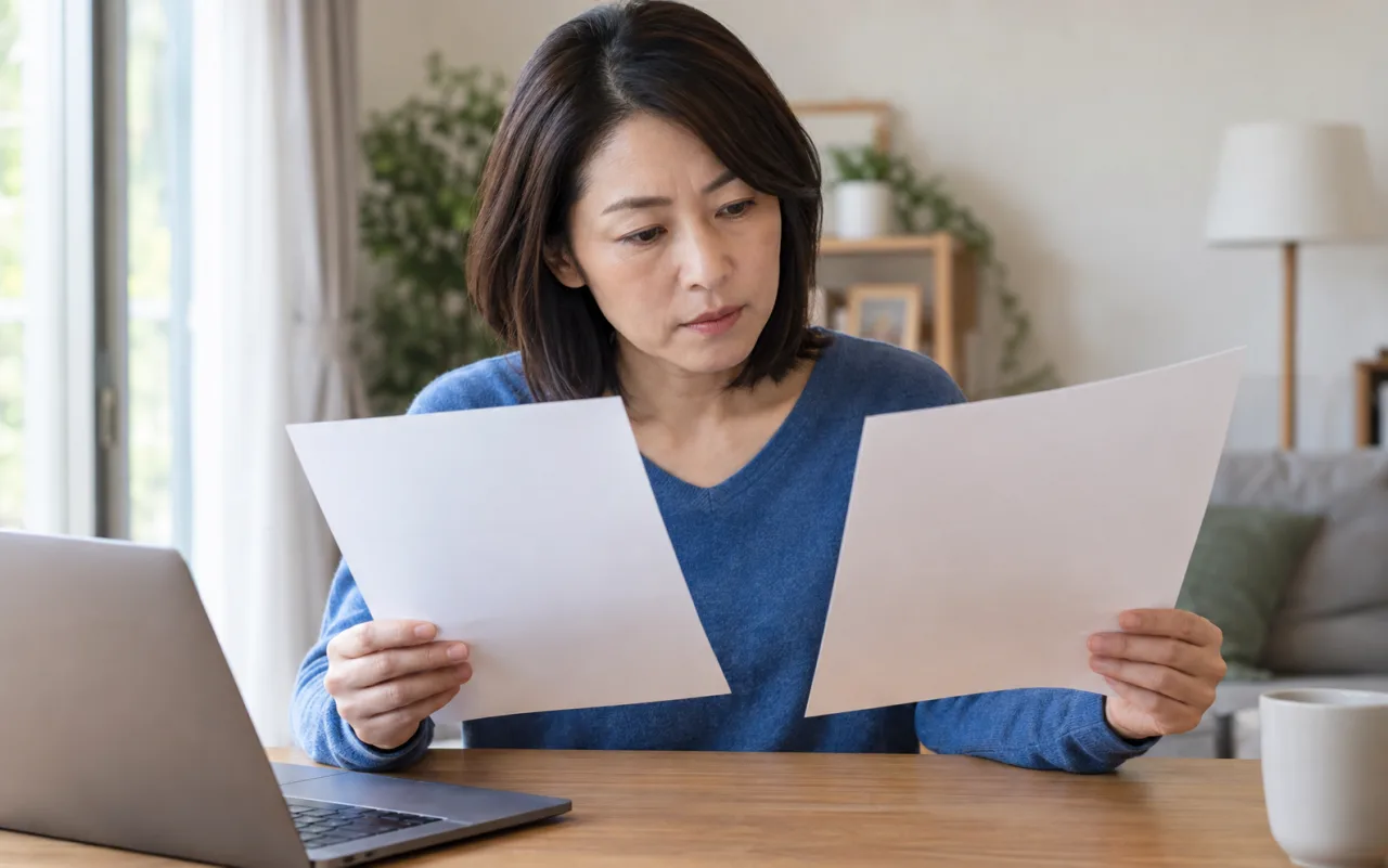 40代の女性が求人票と労働条件通知書を照合する様子