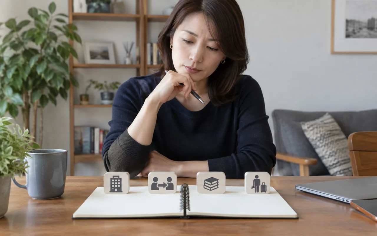 40代の女性が現職継続や異動や学び直しや転職を比較する様子