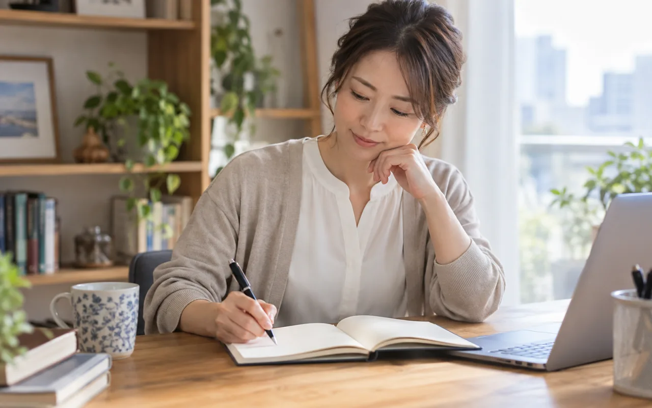 女性が転職を考えた出来事と残したい条件をノートに整理する様子