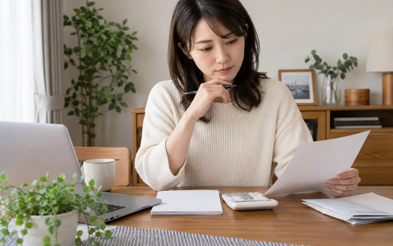 女性が転職前後の手取りと固定費を計算する様子