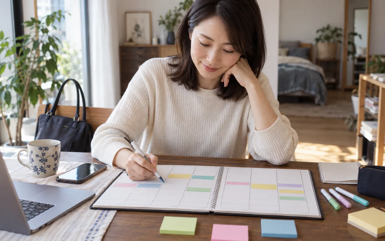 女性が仕事と通勤と生活の時間を予定表で比較する様子