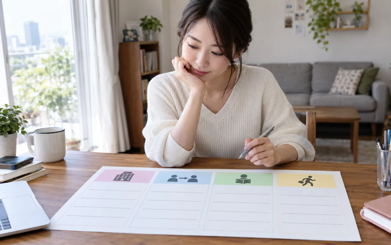 女性が現職継続や異動や転職の選択肢を比較表で検討する様子