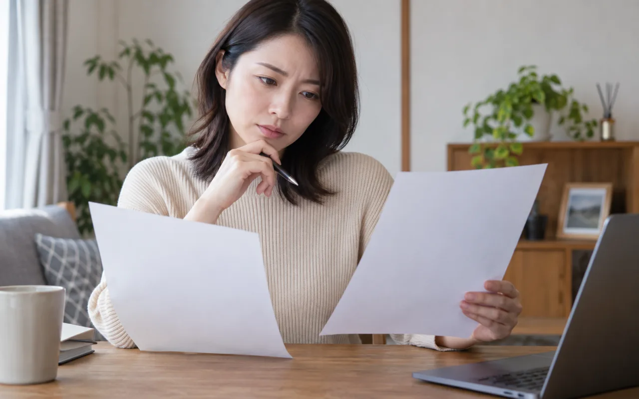 女性が求人票と労働条件通知書の項目を照合する様子
