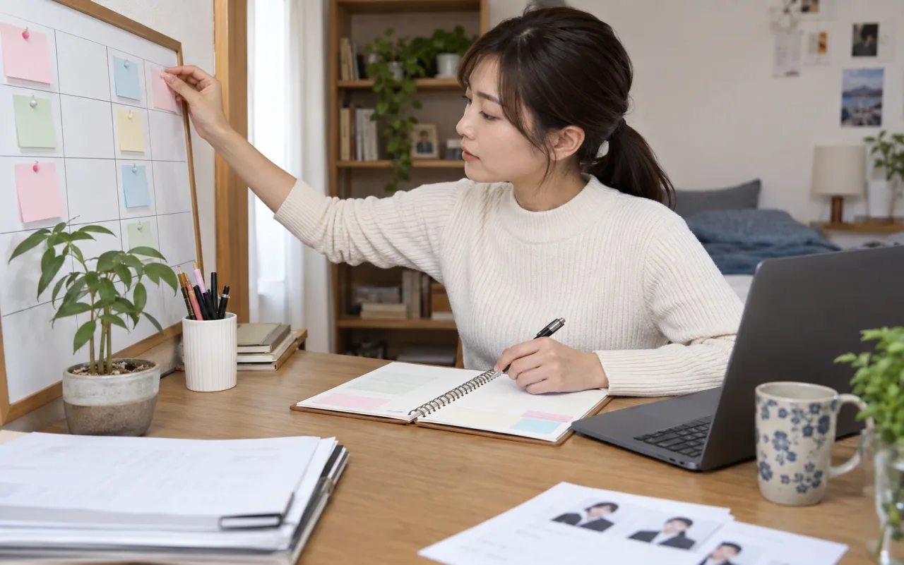 女性が応募先と面談の進捗を一覧で管理する様子