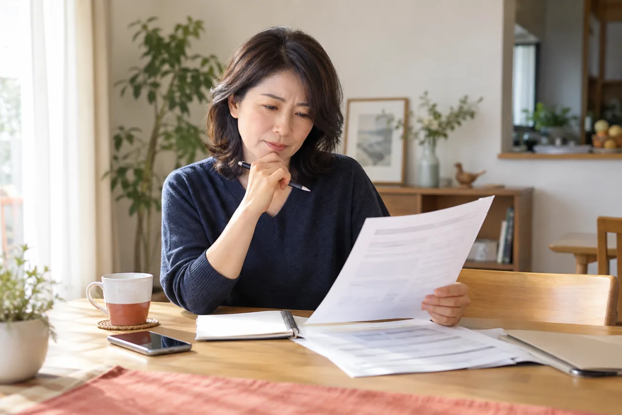 土曜の朝、求人票の給与と勤務条件を確認する47歳の女性