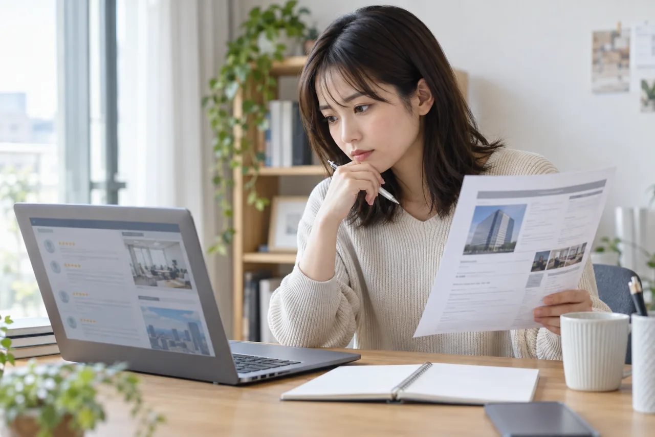 女性が企業口コミと求人票を並べて転職先の情報を確認する様子