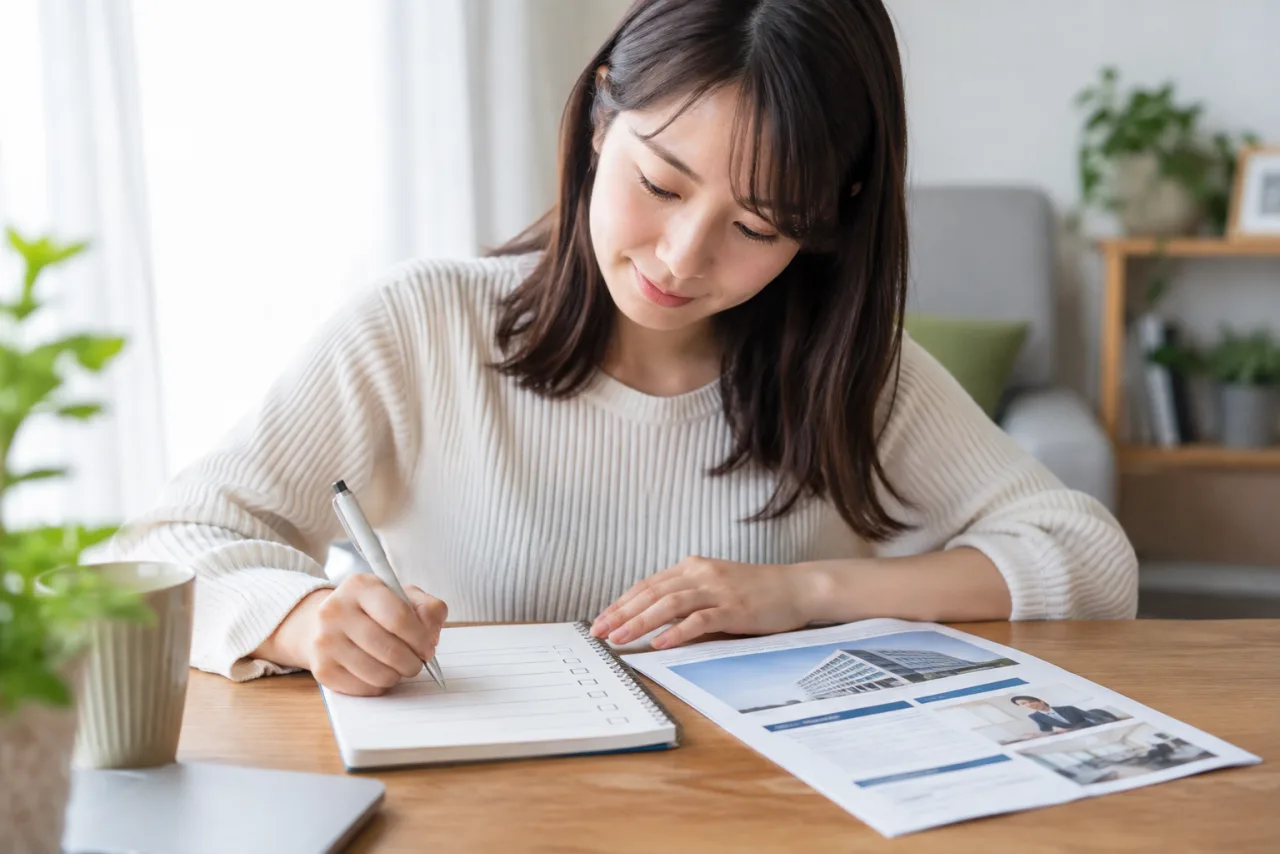 求人票の職種や勤務時間や休日をチェックリストに書き出す様子