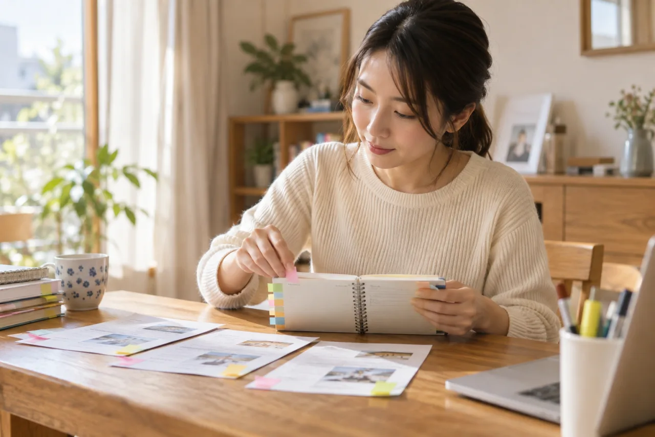 企業口コミの投稿時期と職種と勤務地をノートに整理する様子