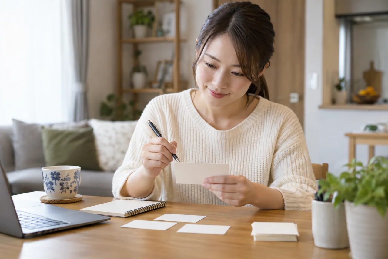 面接で確認したい仕事内容や勤務時間の質問をメモする様子