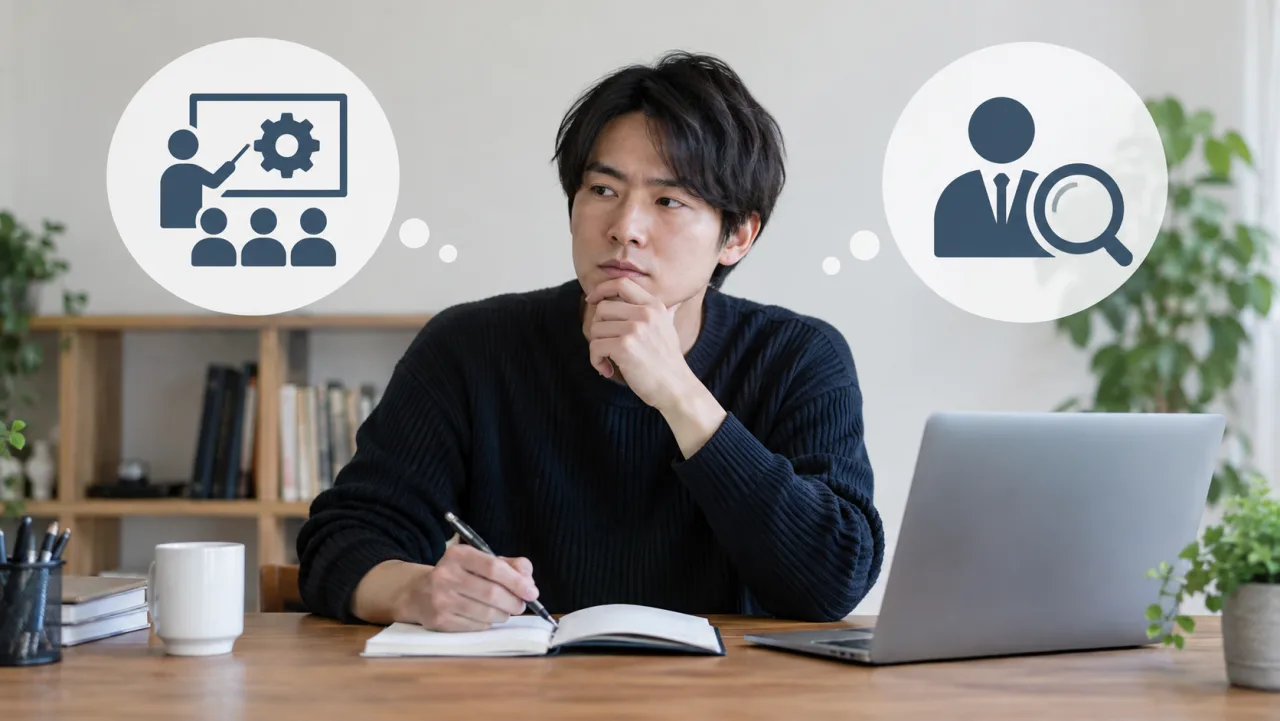 求職者がハローワークの相談員に職業訓練について質問している様子