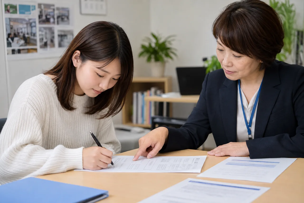 職業訓練の教室で講師が受講者のパソコン学習を支援している様子