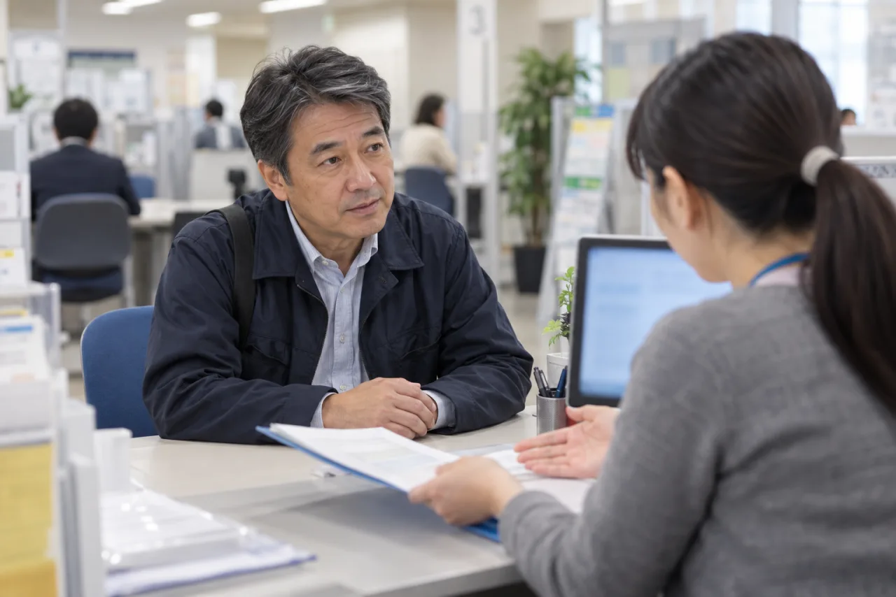 ハローワークの窓口で求職相談をする日本人男性