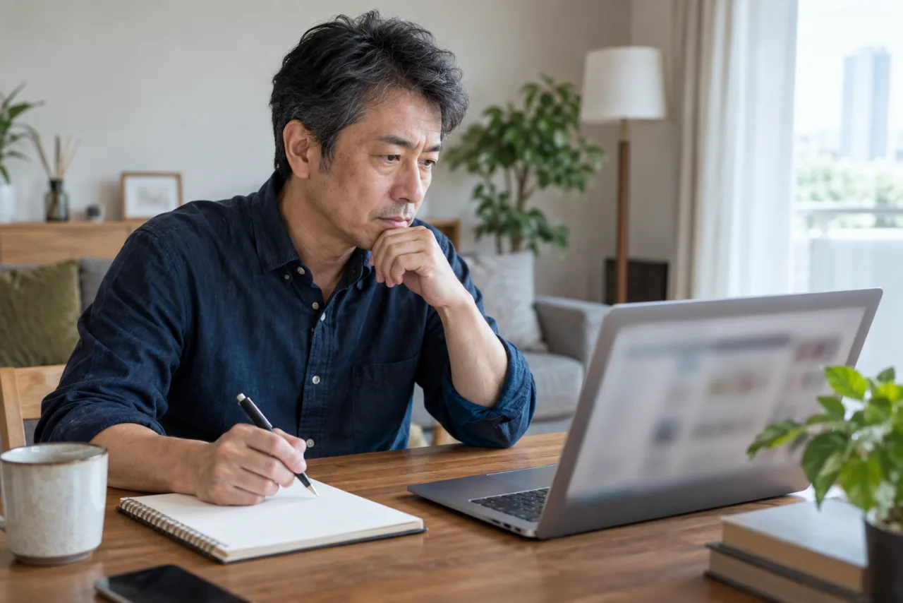 求職者情報と仕事の希望条件を整理する日本人男性