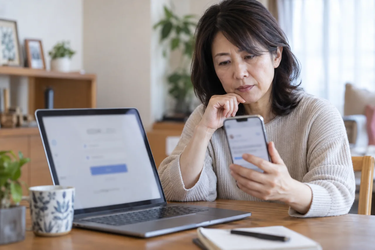 ログインできないときに再設定方法を確認する日本人女性
