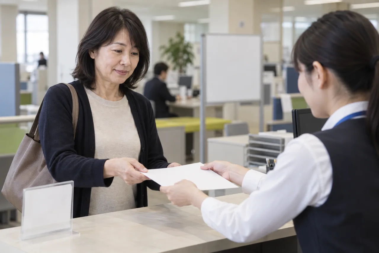 求職者マイページの応募書類を窓口で確認する日本人女性