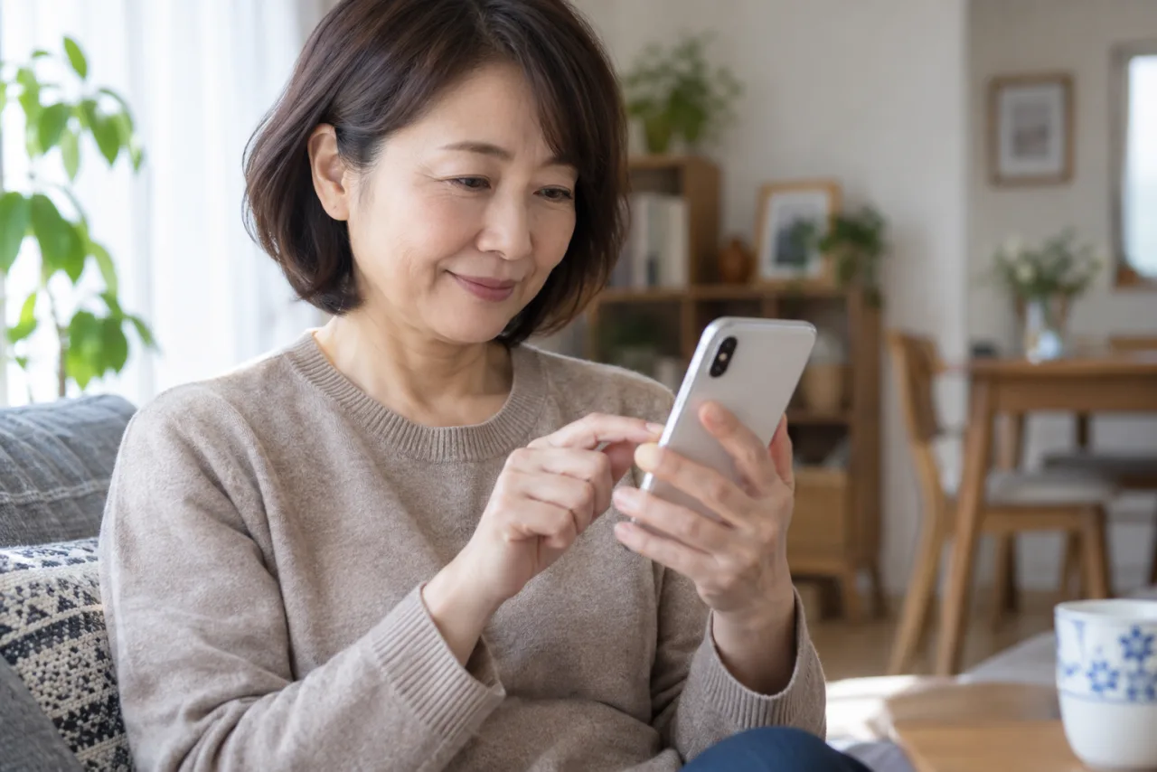 スマートフォンで求人を保存する日本人女性